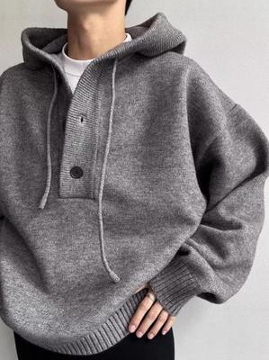 Pull en tricot à capuche boutonnée décontracté pour homme: Couleur unie Automne/Hiver, Style décontracté tendance et paresseux