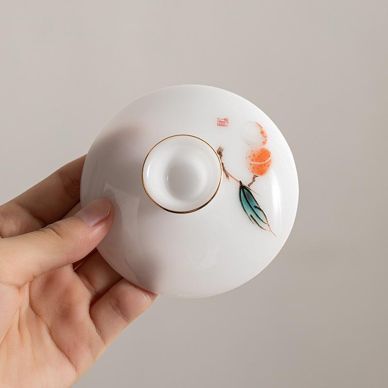 White ice seed jade porcelain three talents cover bowl household kung fu tea set ceramic tea bowl cup suet jade porcelain tea bowl