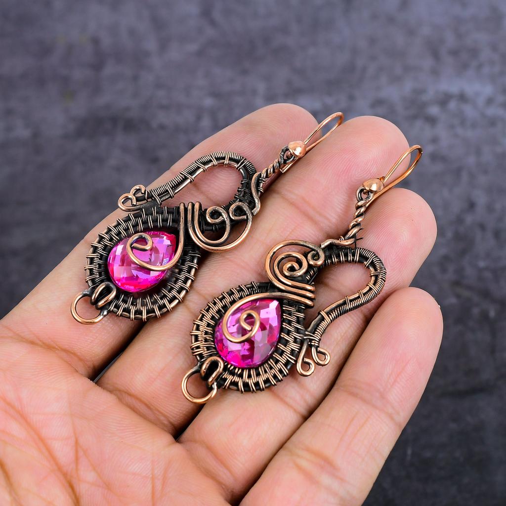 Natural Pink Rubillite Gemstone Copper Wire Wrap Jewelry Earring 2.88" C6j18