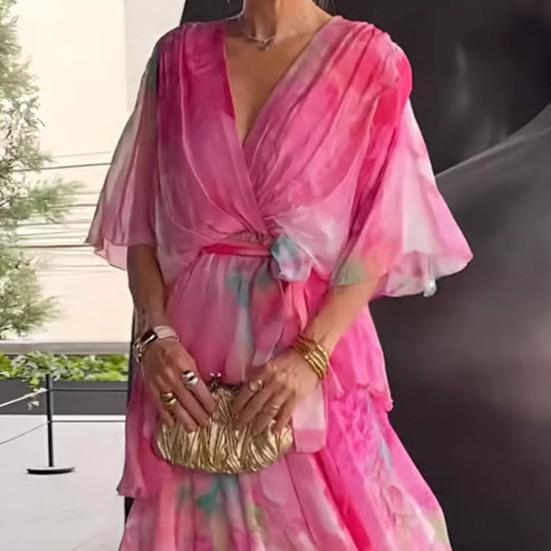 Women's Summer Chiffon Dress Printed Short Sleeve V Neck Flowy Maxi Dress Loose Layered Ruffle Lace-Up Long Dress
