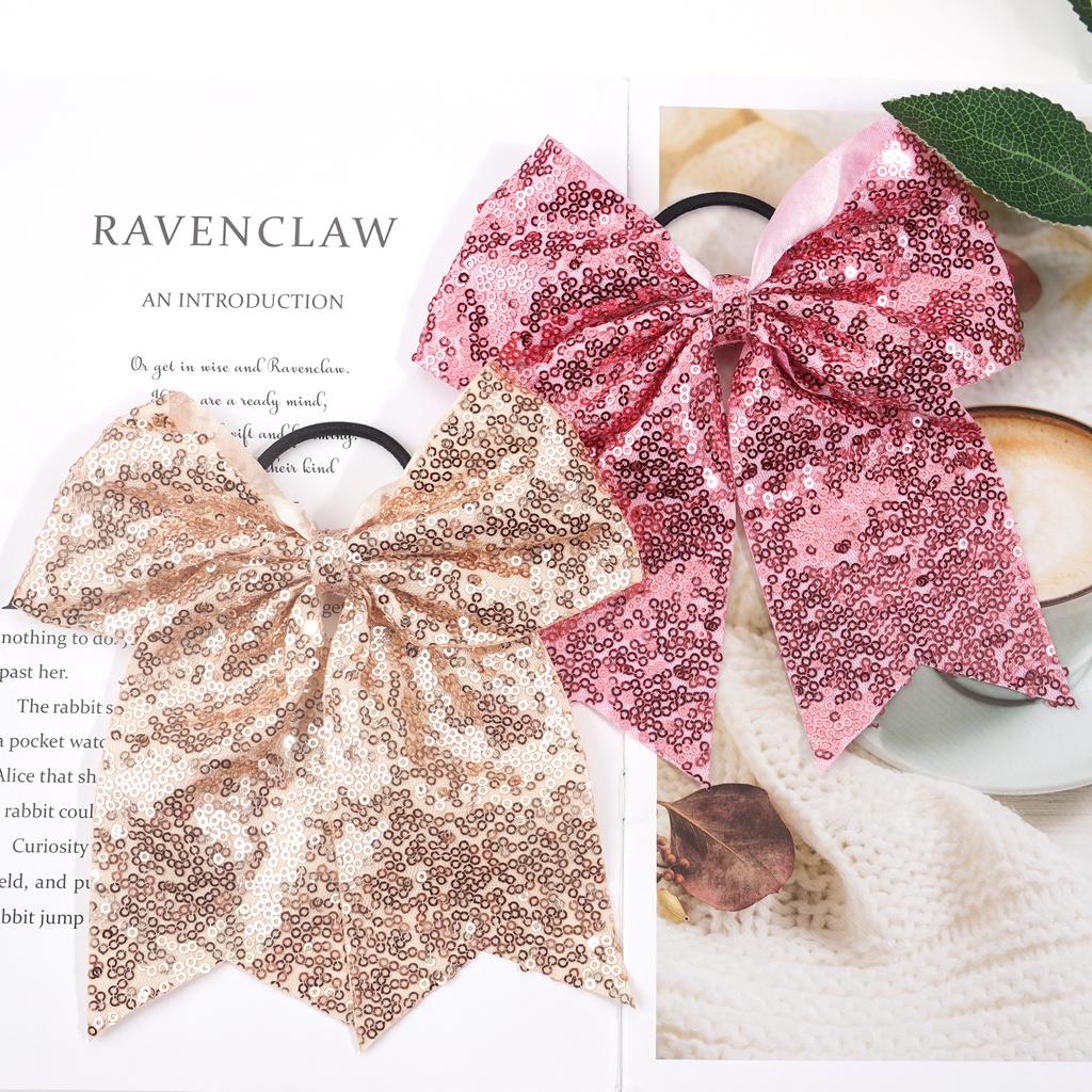 12Pcs 7.5' Bling Sparkly Glitter Sequins Pigtail Bows for Kid Girls Large Cheerleading Bows Ponytail Holder Elastic Hair Ties