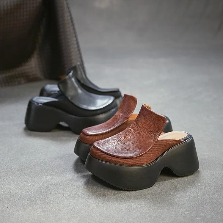 Johnature Height Increasing Outdoor Platform Slippers Genuine Leather Round Toe Thick Soled Women's Shoes