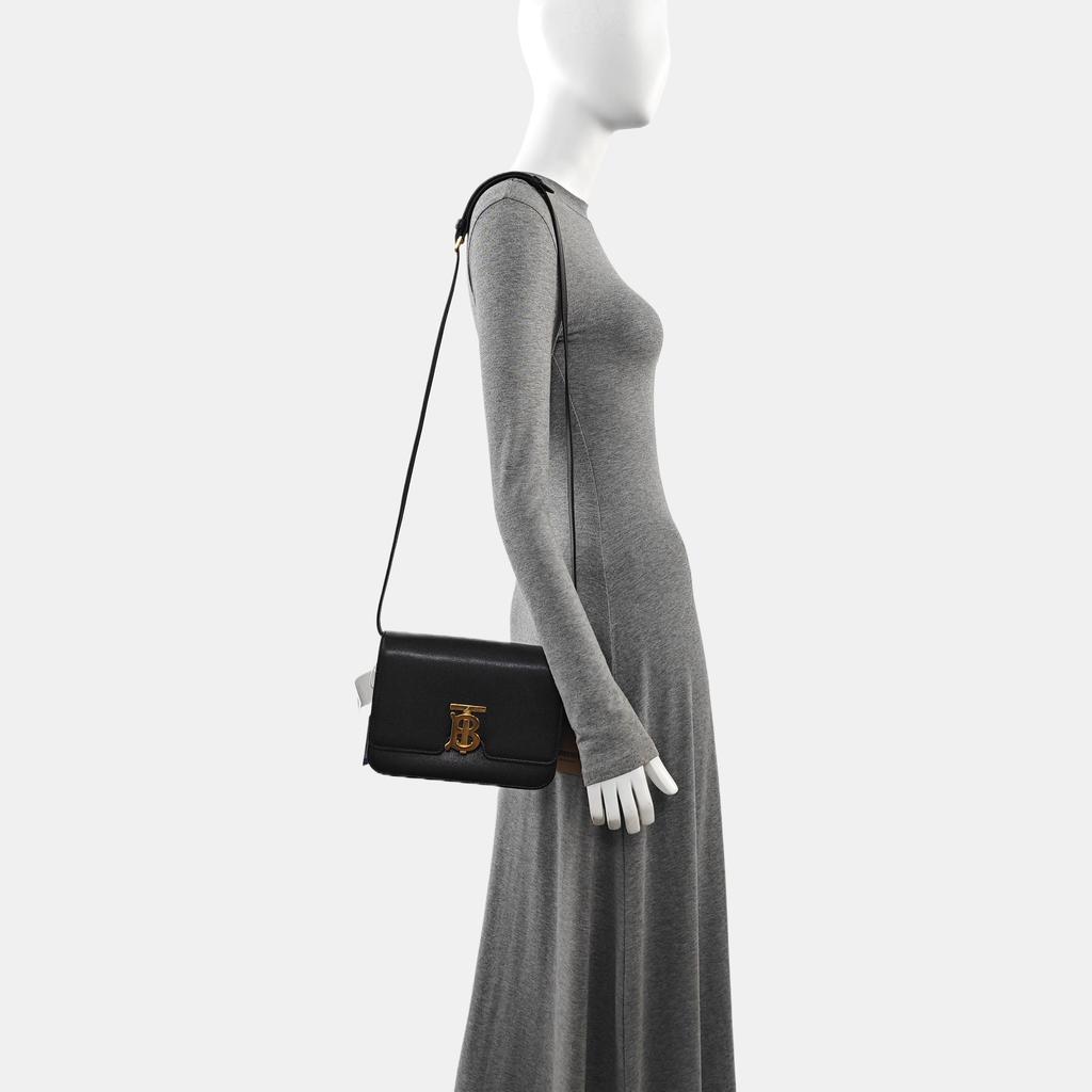 [Gebraucht] Tb Kleine Schwarze Leder Geprägte Tb Schultertasche Crossbody Tasche Goldene Beschläge Abnehmbarer Riemen - Ausgezeichnet #1BWBCE