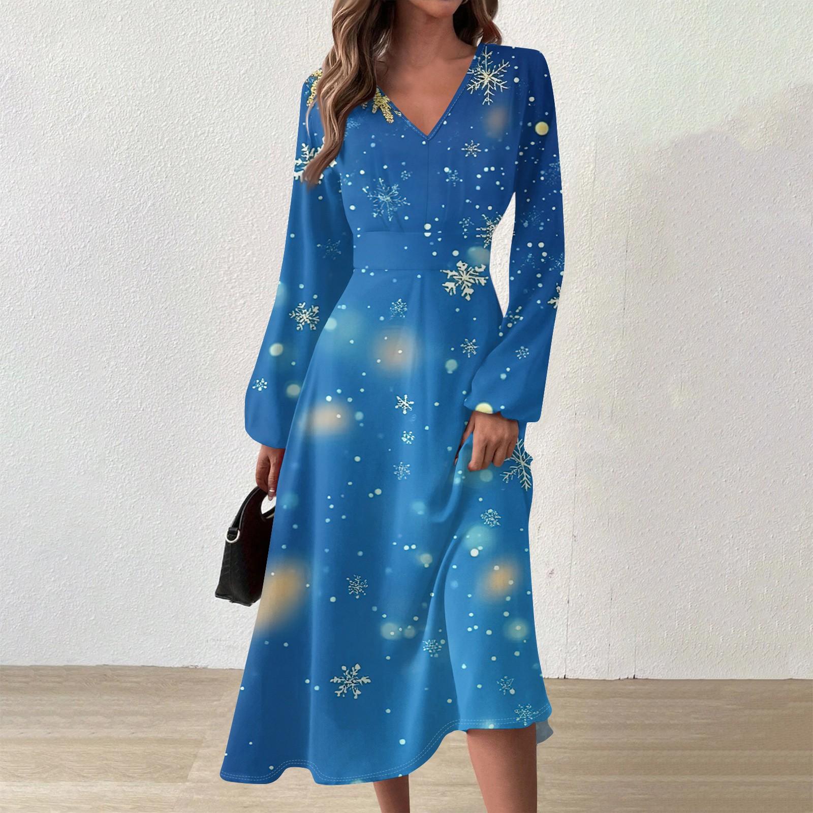 

Женское осенне-зимнее повседневное модное длинное платье с v-образным вырезом и длинным рукавом с принтом L синий