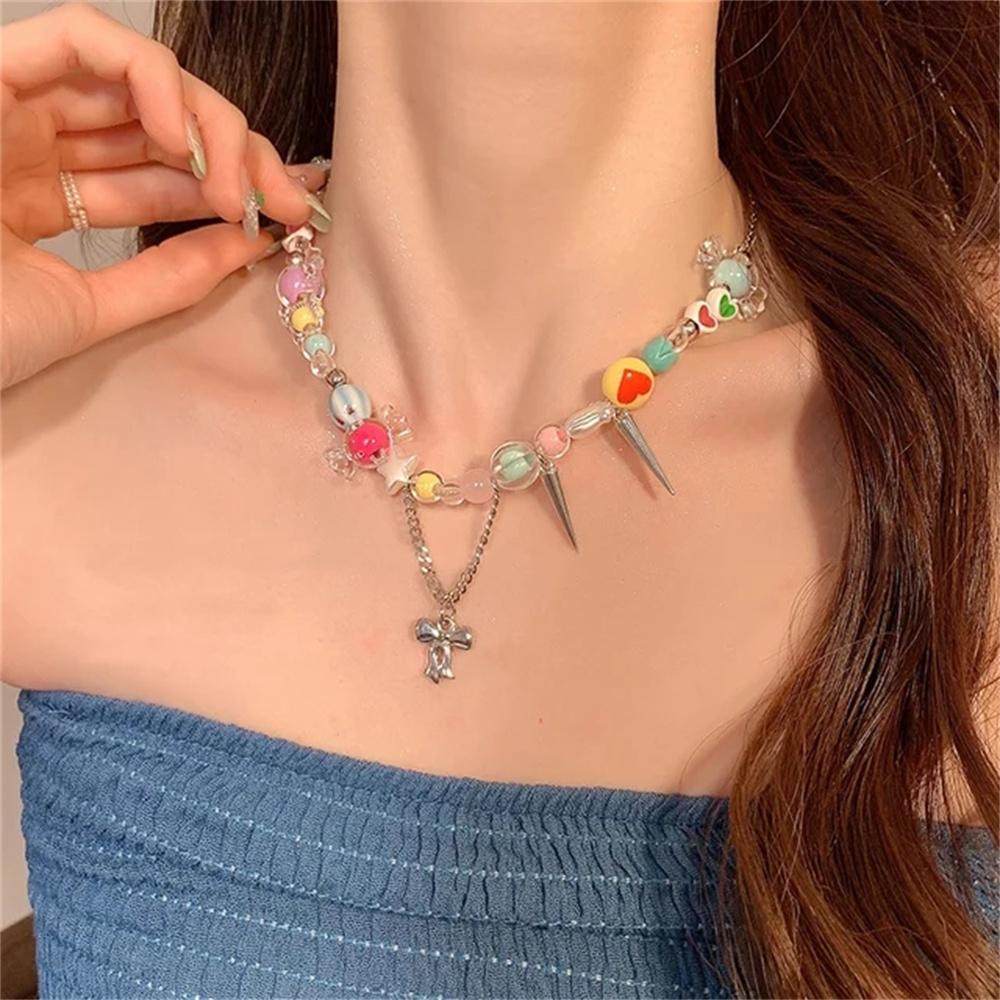 Boho Colorful Love Heart Beaded Necklace For Women Fashion Dopamine Girls Resin Clavicle Chain Choker Jewelry Y2K Accessories