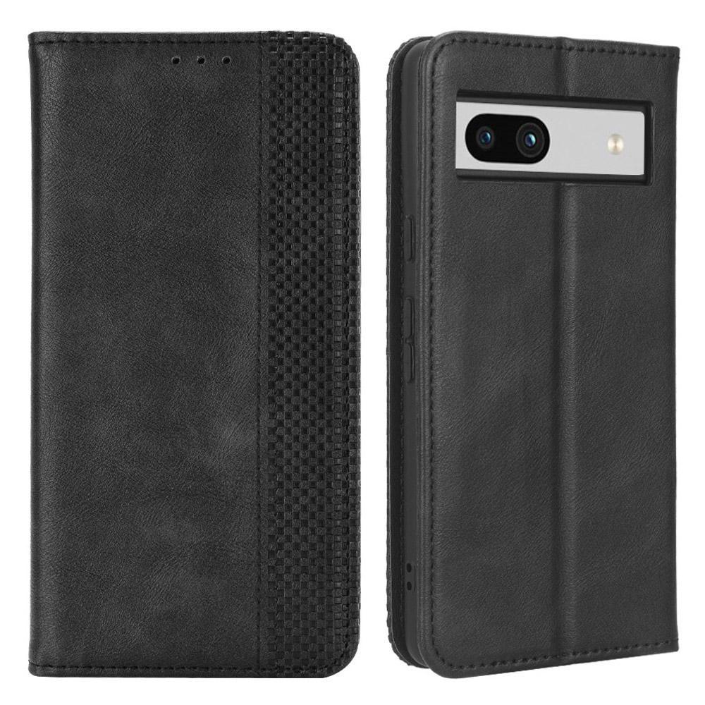 

For Google Pixel 7a Supporting Stand Wallet Retro Texture Phone Case Drop-proof PU Leather Cellphone Cover Black