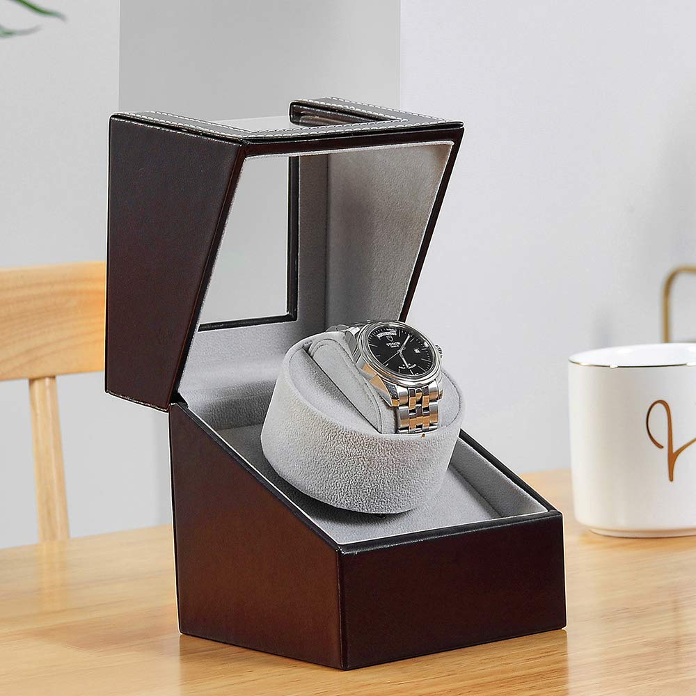 Automatic Watch Made in Mabuchi Motor Single Watch Winder with Storage Case Winder, Japan, Winder, (Brown Leather, 125C)