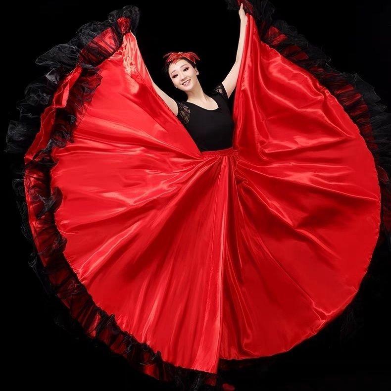 

Жіноча спідниця для іспанського пасодоблю, фламенко, гладка, з великим воланом, мереживною вишивкою, для карнавальної вечірки, бальних танців, циганського стилю, для танцю живота XL