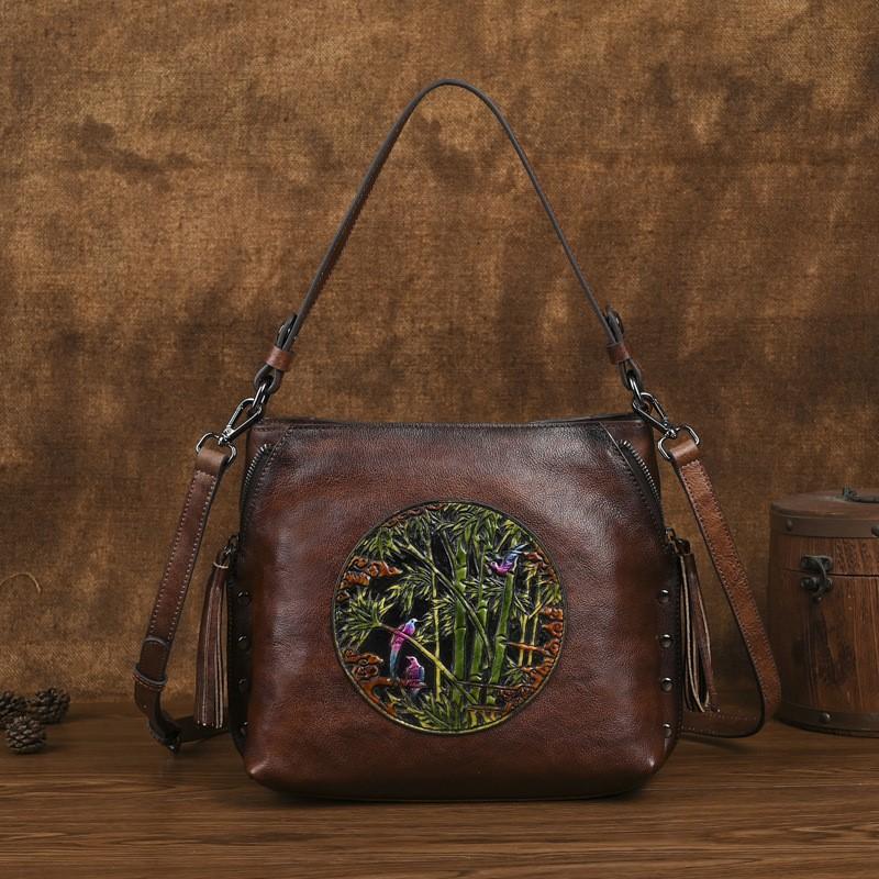 Johnature Vintage Embossed Women's Bag Genuine Leather Large Capacity Versatile Shoulder & Crossbody Bags