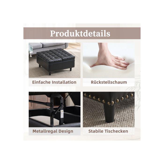 Grande chaise de rangement carrée, banc relevable avec espace de rangement (PU noir)