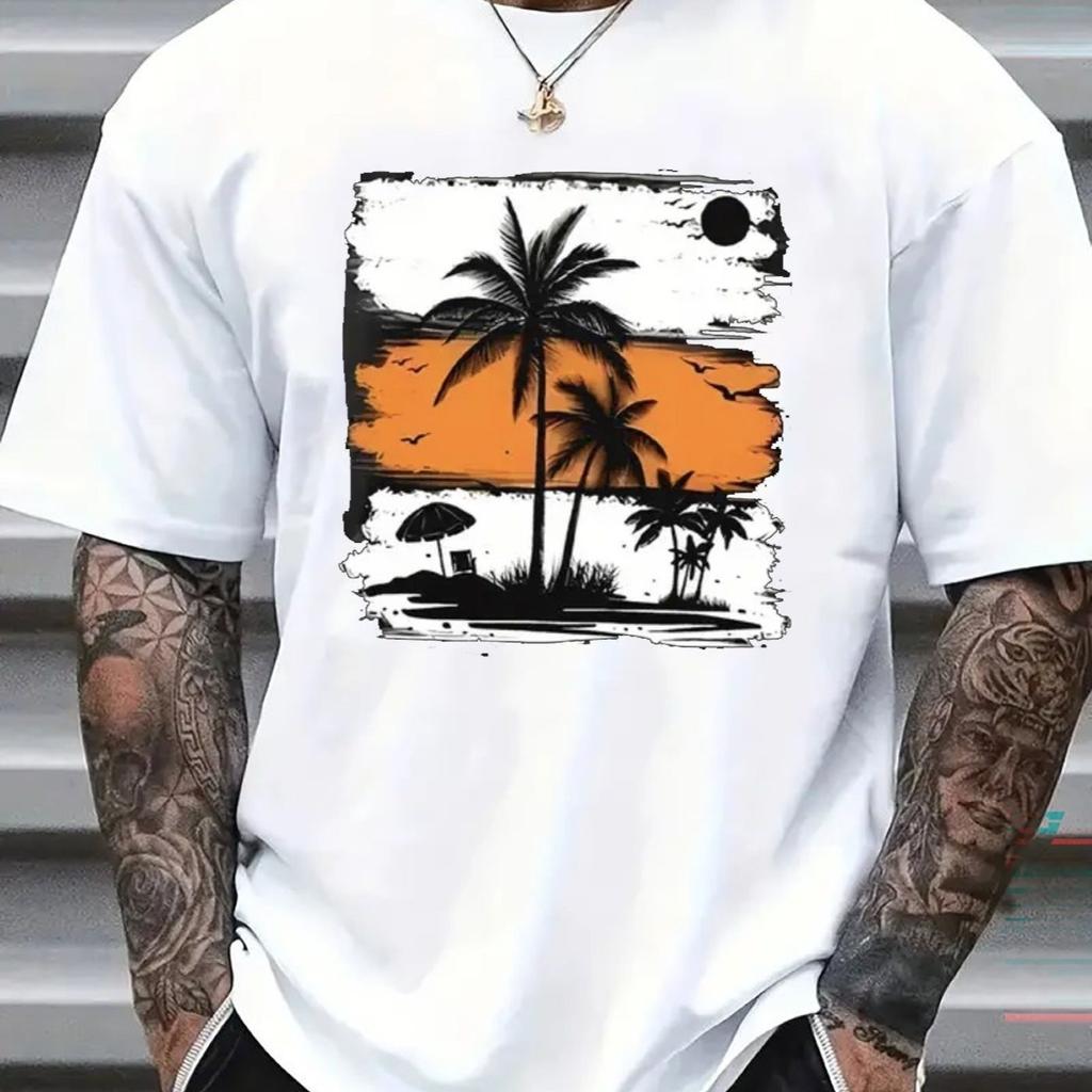 T-shirt Graphique Coucher de Soleil Palmier Homme Décontracté Imprimé Manches Courtes Coton Pur Col Rond