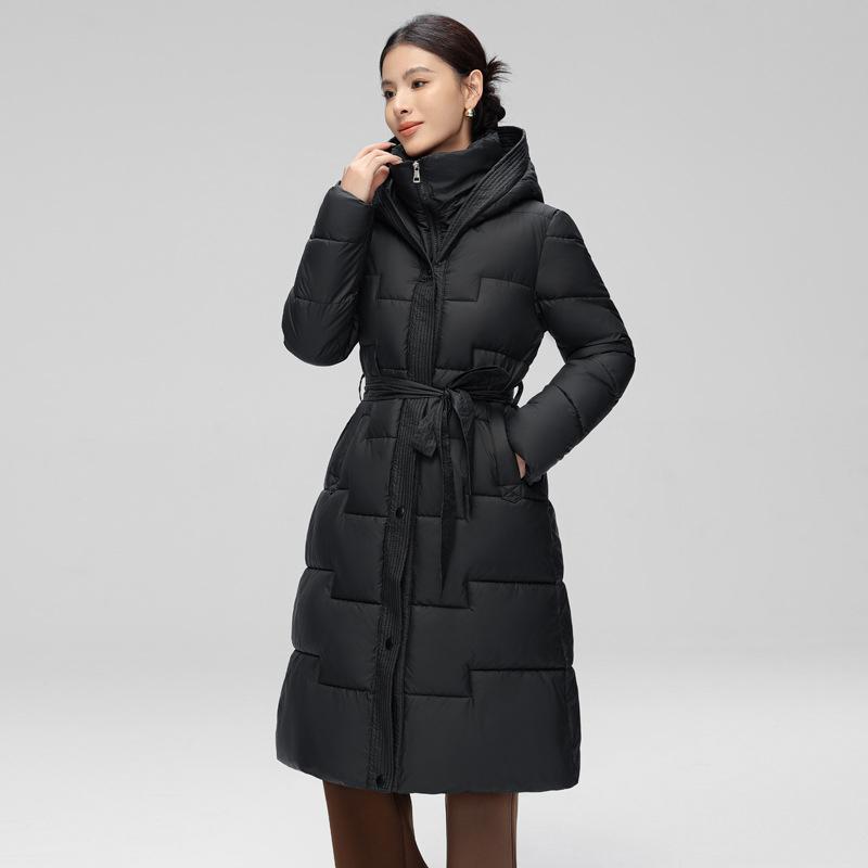 Giacca Lunga da Donna Invernale in Piuma d'Anatra e Cotone con Cintura Spessa Calda Lusso Slim Parka con Cappuccio