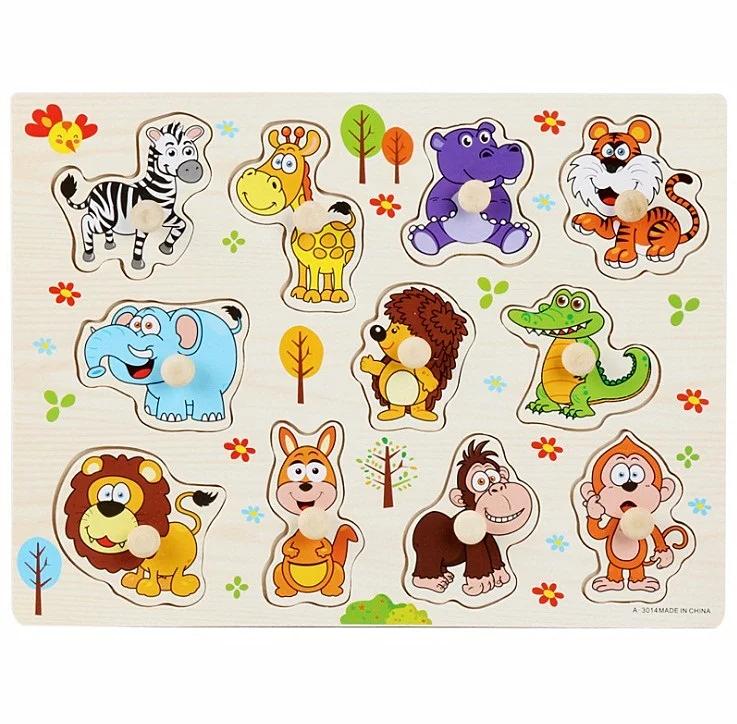 30cm Baby Toys Montessori Wooden Puzzle Hand Grab Board Educational Wood Puzzles for Kids Cartoon Animal Vehicle Gift for Child