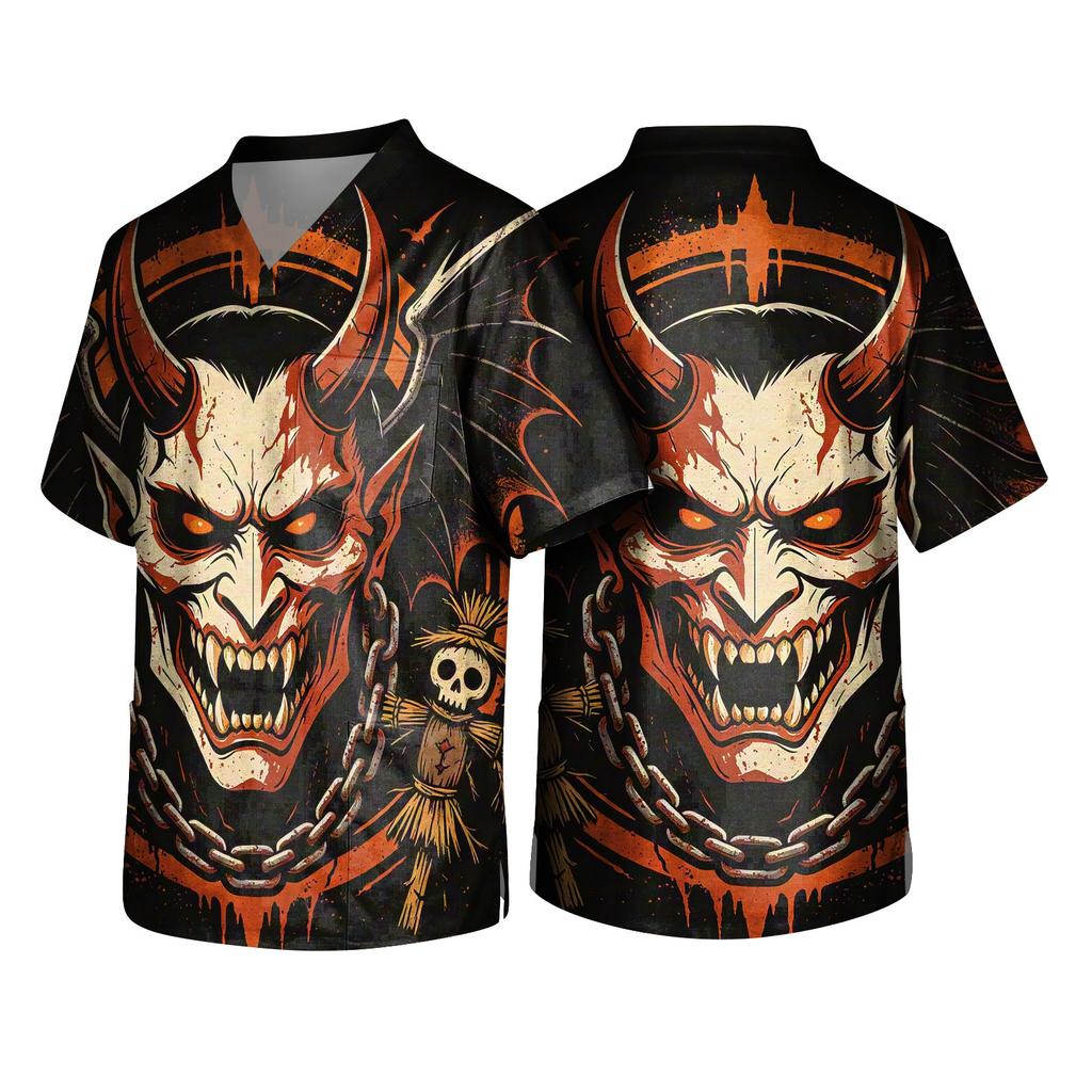 Men's Halloween Print V Neck Pocket Scrub Top Short Sleeve Medical Uniform Shirt for Healthcare Professionals