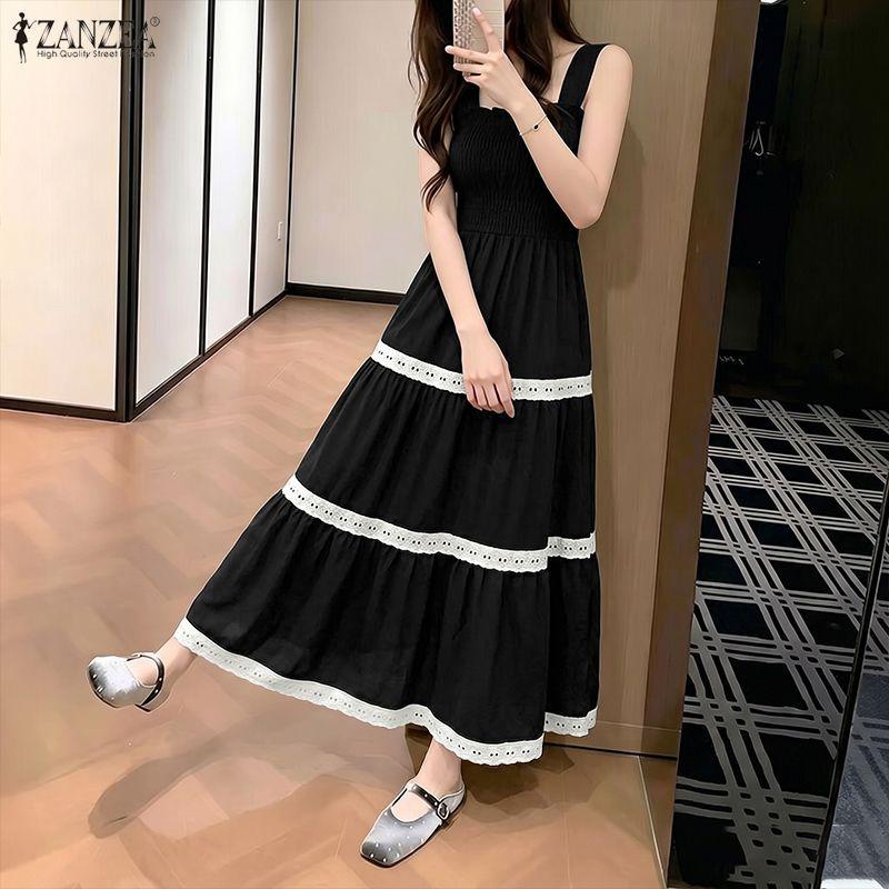 ZANZEA Women Casual Square Collar Loose Summer Sleeveless Long Dress M