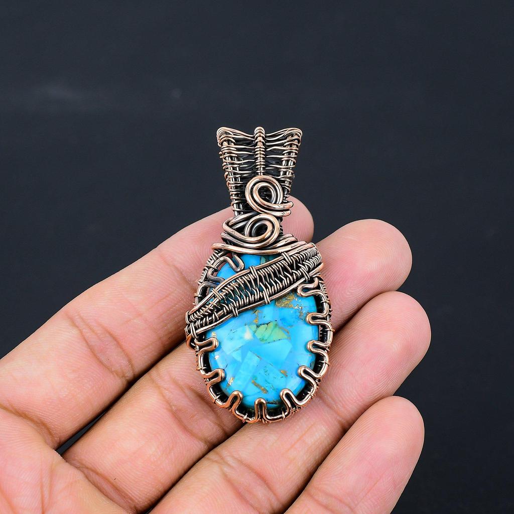 Copper Turquoise Gemstone Pure Copper Wire Wrapped Handmade Pendant Jewelry
