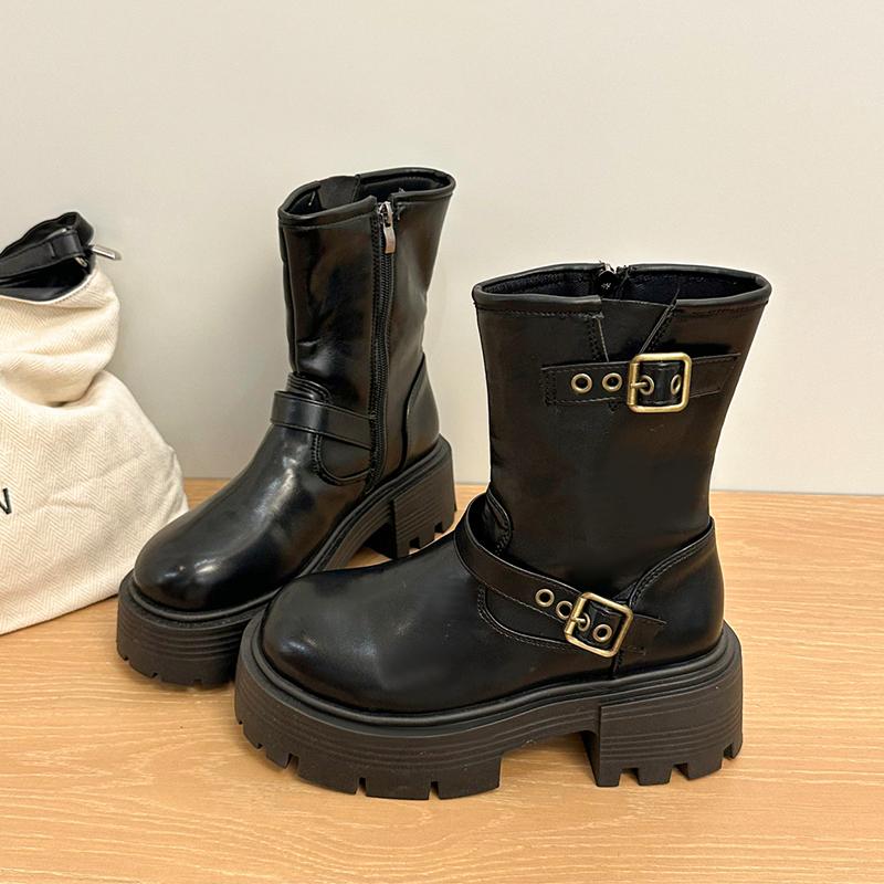 Ankle Women's Boots Flats Fashion Platform Leather Shoes  Winter Motorcycle Boots New Trend Buckle Designer Mujer De Botas