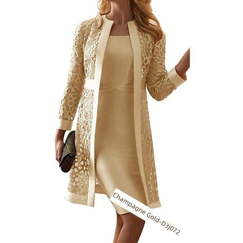 Fashion Female Pure Color Lace Cardigan Dress Two-piece Set Two Piece Lace Cardigan Dress