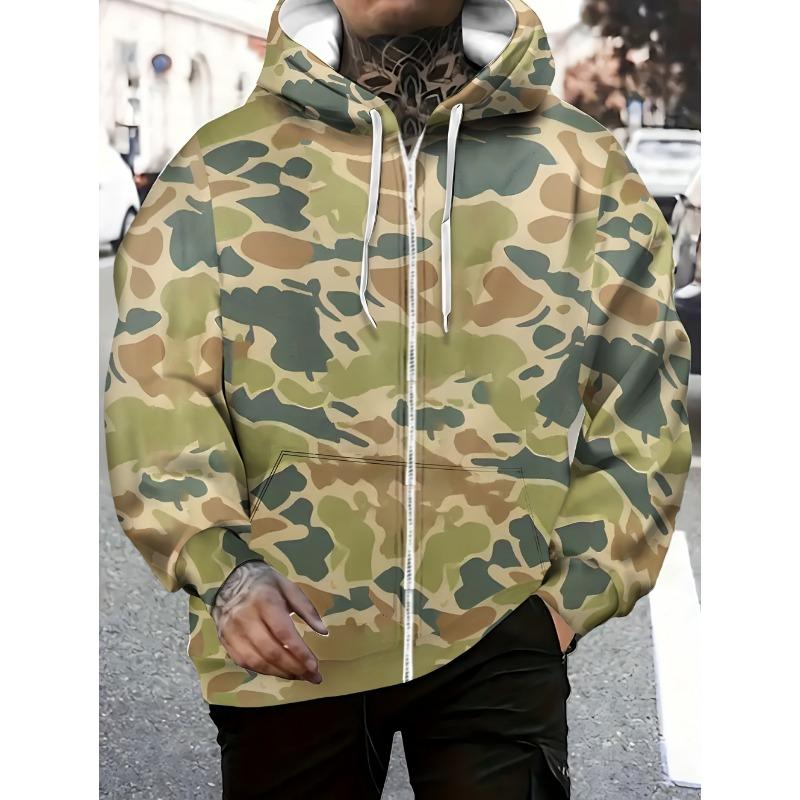 Men's Camouflage Graphic Zipper Hoodie Long Sleeve Casual Outdoor Jacket Drawstring Loose Men's Sweatshirts Clothing