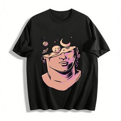 Abstraktes Himmelsstatuen-Print-T-Shirt Künstlerisches Nischen-Freizeit-Oberteil Reines Baumwoll-T-Shirt