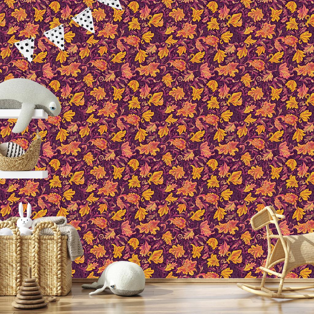 Intricate floral pattern wallpaper in burgundy, red and orange 50x1000