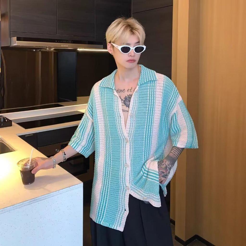 Korean Style Contrast Color Short-Sleeve Shirt - Men's Summer Trendy Loose Lapel Knitted Top