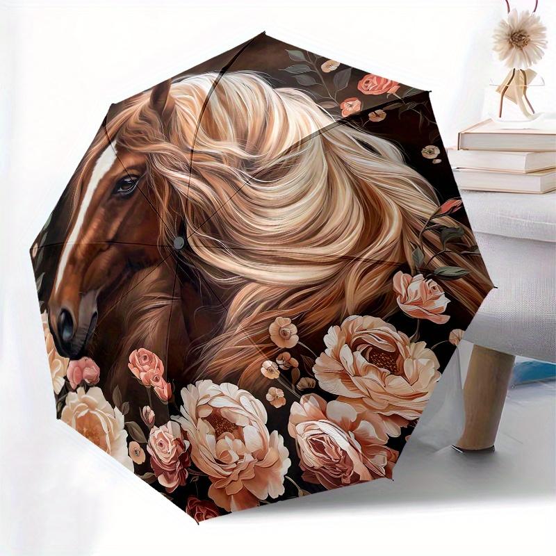 Horse Floral Theme 8 Bone Hand Automatic Folding Umbrella, Compact and Portable Design, A Perfect Gift for Birthday, Christmas or Business U