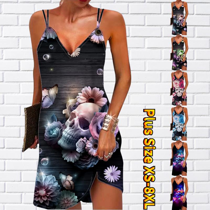 

Женское модное сексуальное платье без бретелек с 3D цветочным принтом скелета, свободное платье-бретелька с v-образным вырезом
