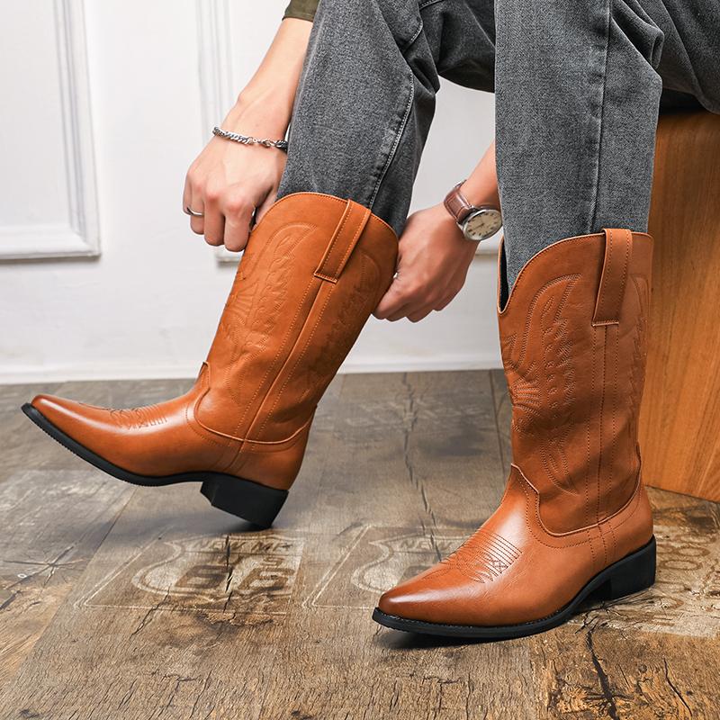 New Men's pointed Toe Low heel sole Embroidered Western Cowboy Boots
