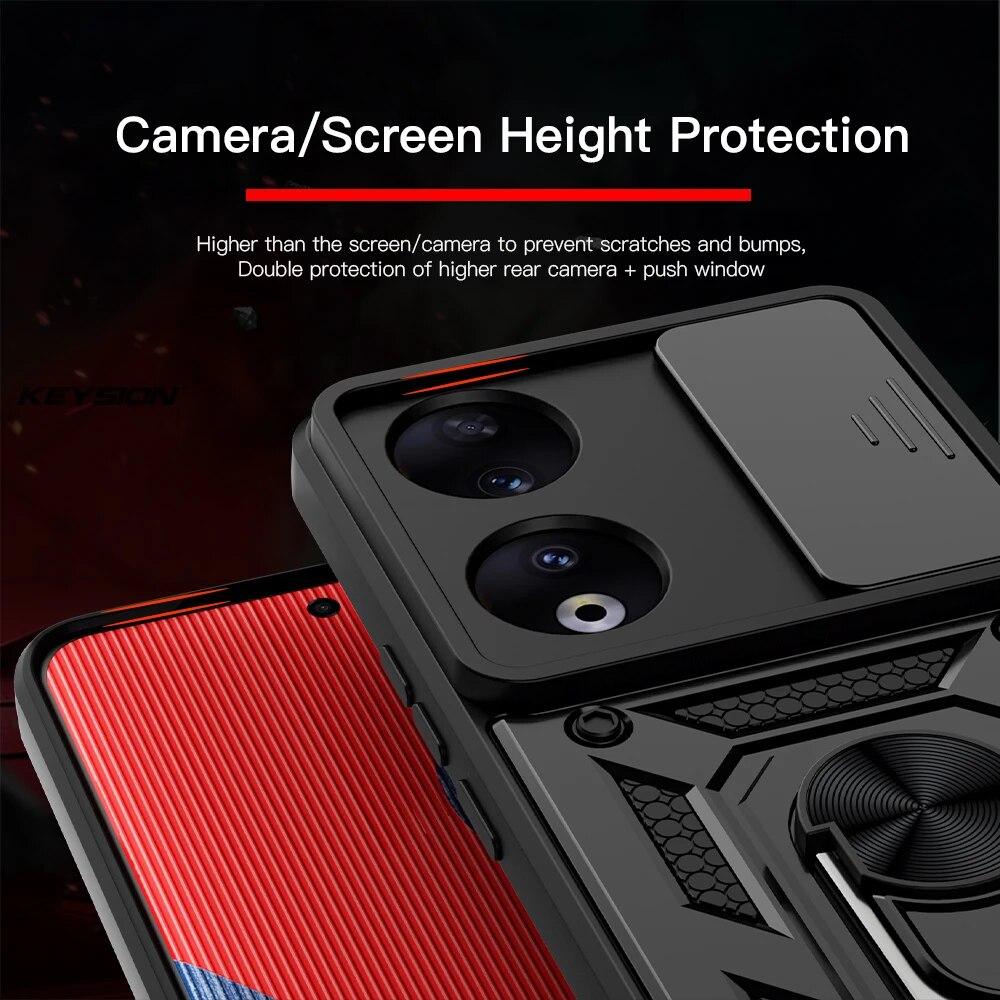 KEYSION Shockproof Case for Honor 90 5G 90 Lite 5G Slide Camera Lens Protection Ring Stand Phone Cover for Huawei Honor 70 Lite
