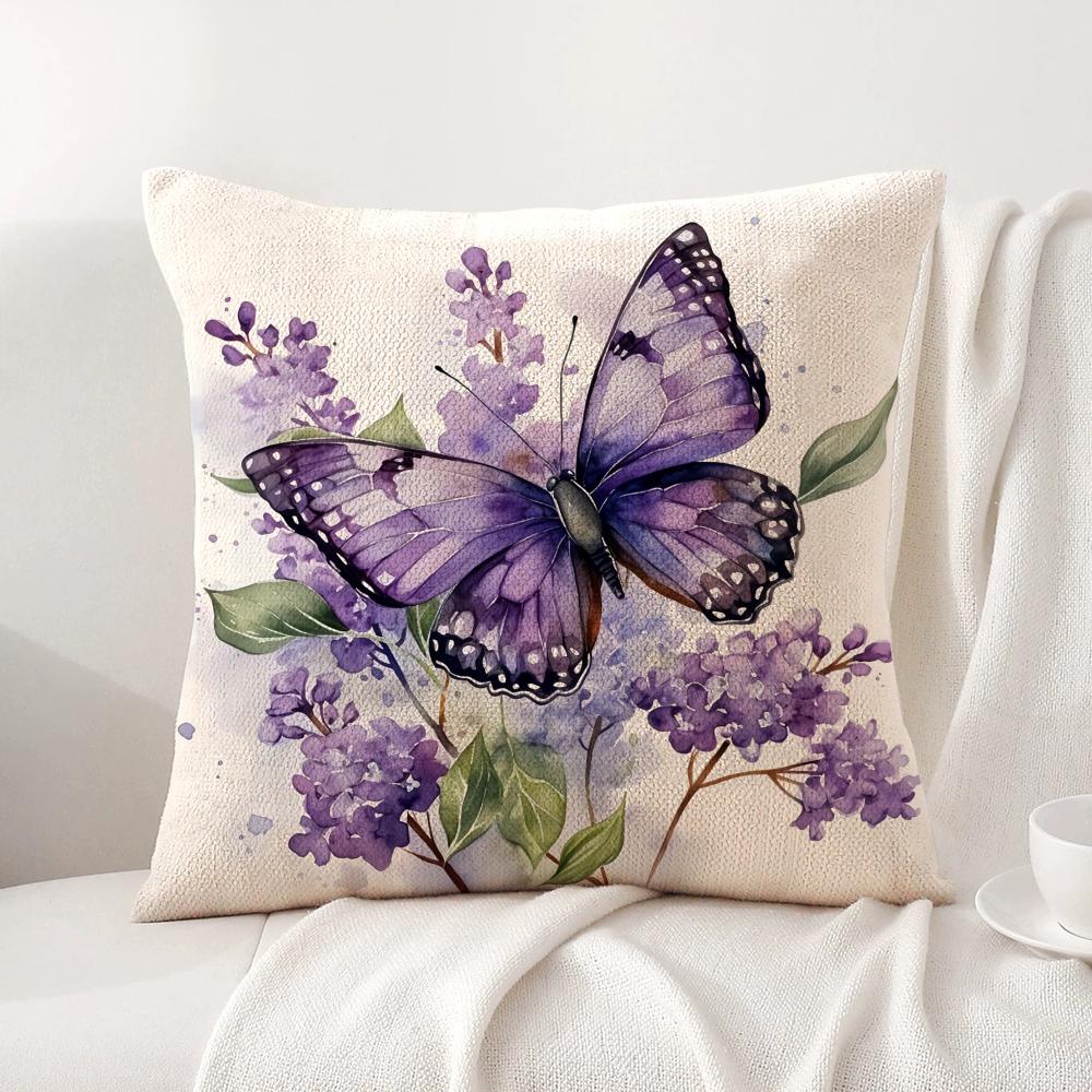 Watercolor butterflyflower Cushion Cover Natural Linen Organic Fabric DoubleSided Printing Sofa Home Decor Gift Pillow Cover