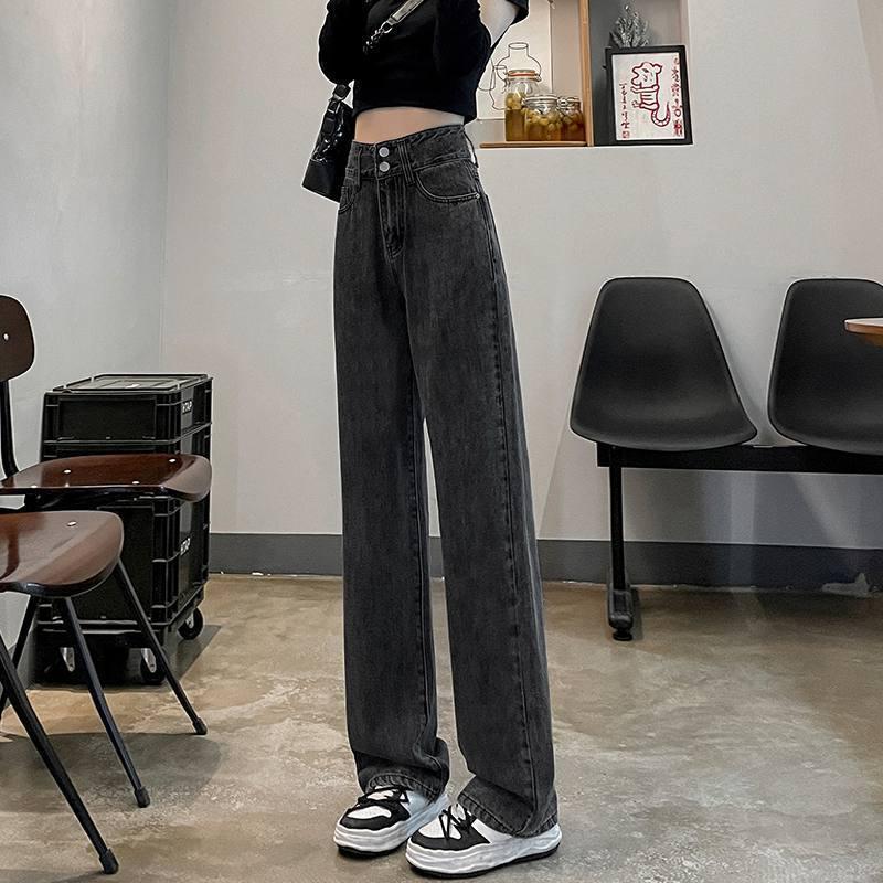 2024 Women's Black & Gray High-Waisted Wide-Leg Petite Jeans: Spring-Autumn Versatile Loose Straight-Leg Pants