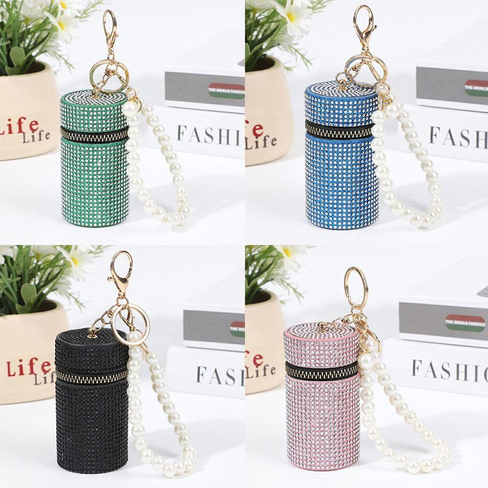 Simple Rhinestone Lipstick Bag Zipper with Keychain Coin Purse Mini Cylindrical Coin Bag
