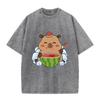 2026 Vintage Washed Beige Cute Capybara Watermelon Graphic T Shirt Summer Ice Animal Print Oversized Casual Short Sleeve Tee