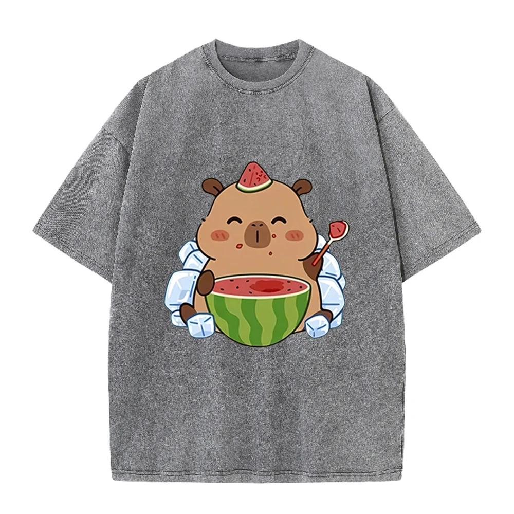 2026 Vintage Washed Beige Cute Capybara Watermelon Graphic T Shirt Summer Ice Animal Print Oversized Casual Short Sleeve Tee