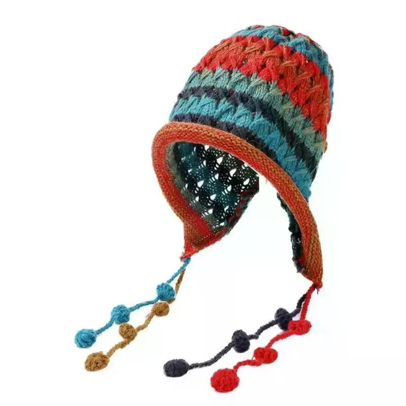 Cute Bear Plu Knitted Hat Womens Autumn Winter Large Head Circumference Face Slimming ColdProof Ear Protection Leon Fur Hat
