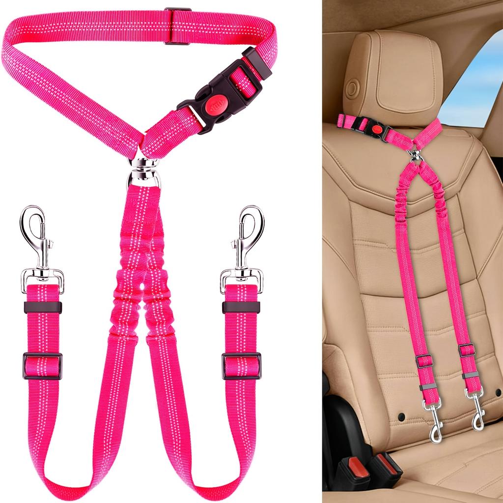 [Cinturón de Seguridad Seguro para Perros] Cinturón de Seguridad Doble para Coche para Perros con Hebilla Ajustable | Bungee Elástico de Nailon Reflectante Reposacabezas Sujeción - Seguro