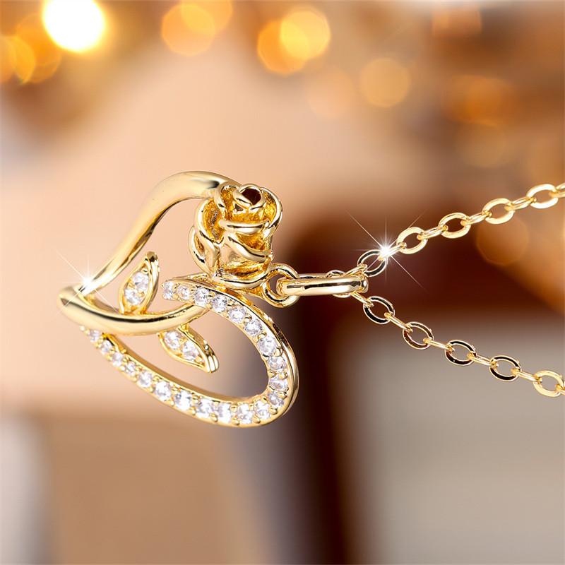 Luxuriöse Rose Silbrig Goldene Farbe Rosenflorale Halskette Anhänger Muttertag Valentinstag Schmuckgeschenke