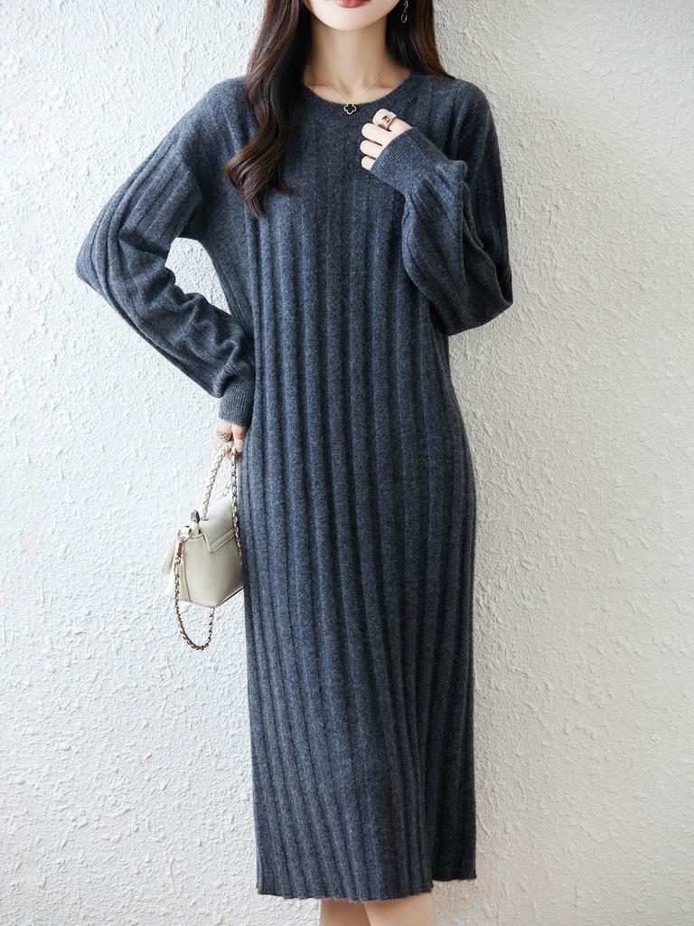 100% Pure Wool Slimming Women's Pullover Dress - Autumn/Winter, Round Neck, Lantern Sleeves, Over-Knee Length