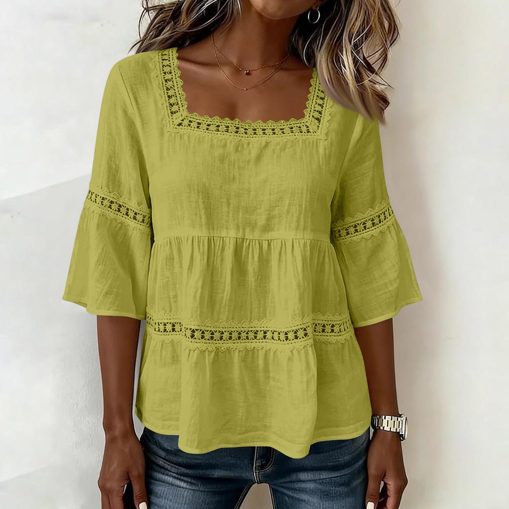Women Lace Trim Waist Shirt Square Neck Tie Top Casual 3/4 Sleeve Blouse Lightweight Breathable Fabric Relaxed Fit