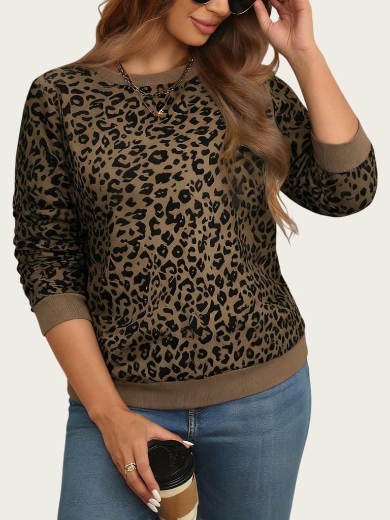 Übergröße Damen Sweatshirt mit Leopardenmuster - Europäischer & Amerikanischer Stil, Rundhalsausschnitt, Langarm-Pullover-Oberteil