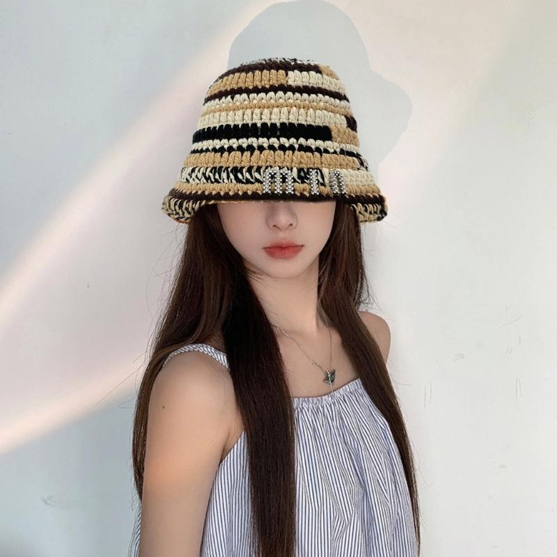 Sweet Girls Crochet Stripe Pattern Bucket Hat Cute Ladies Fisherman Cap Color Matching Woman Teens Winter Windproof Hat
