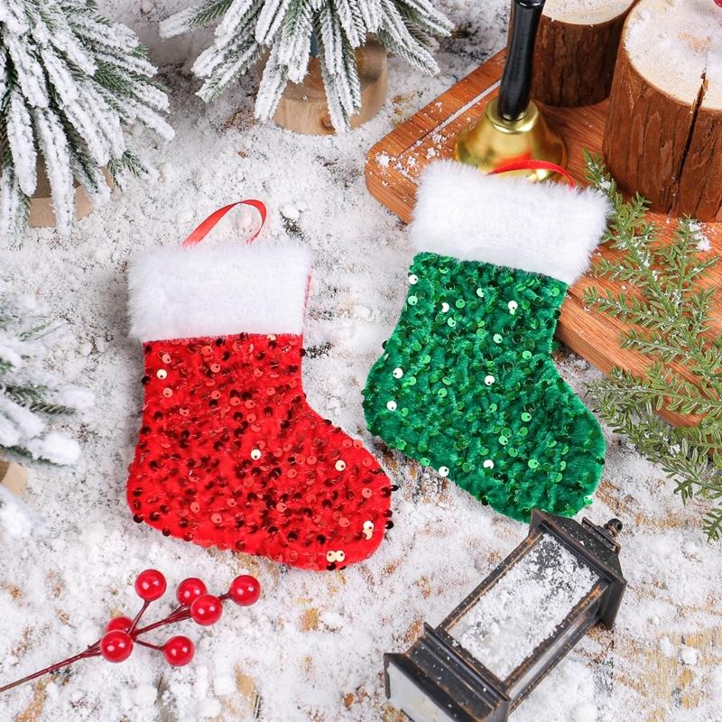 10Pcs Festival Gift Holders Fireplaces Decoration Sparkling Sequins Christmas Stockings with Plush White Rims Decors