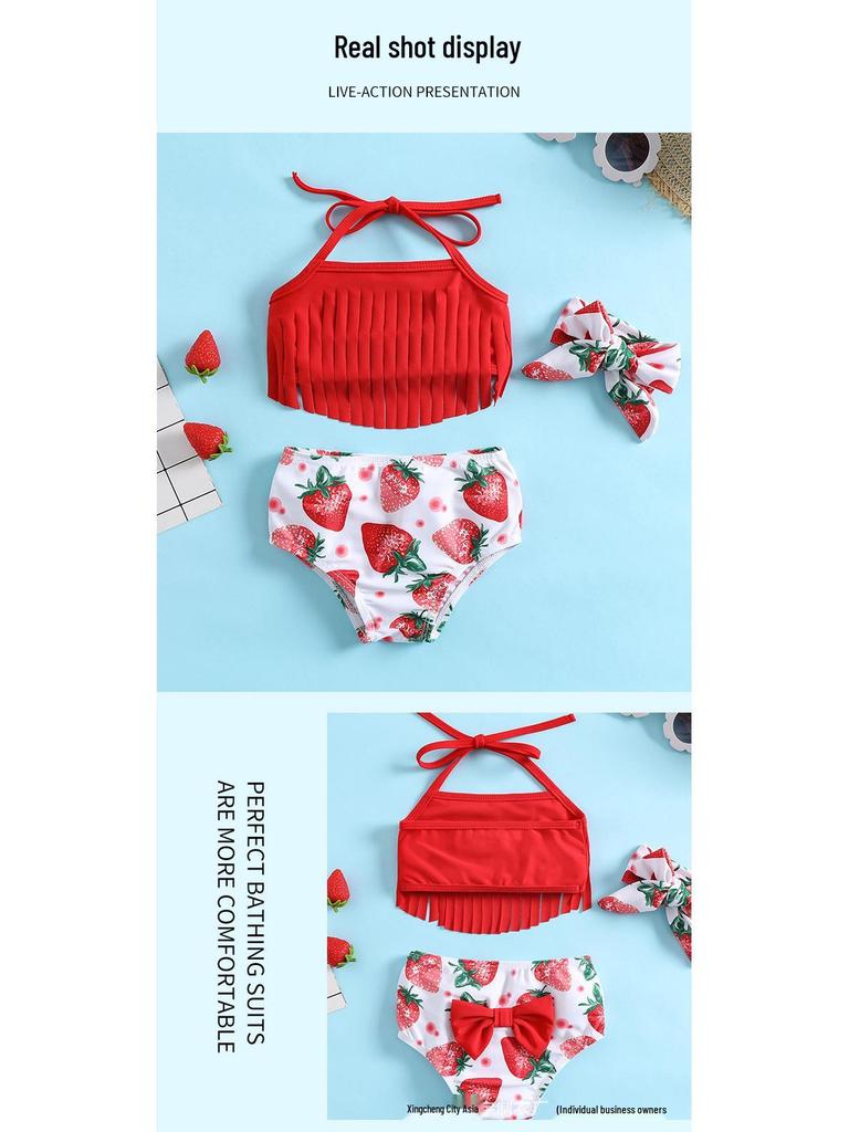 2024 Summer Girls' Baby 3-Piece Tassel Halter Sports Swimsuit Set