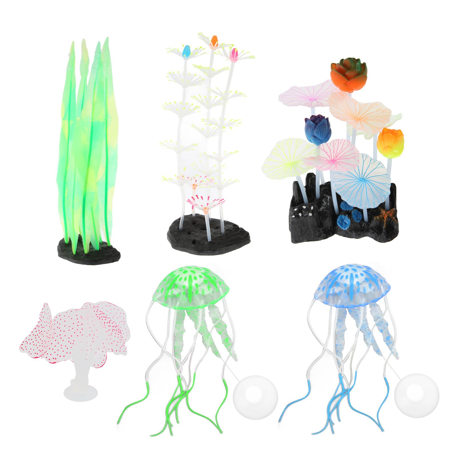 

6pcs Glowing Fish Tank Decorations Simulation Silicone Kelp Silver Lotus Lotus Leaf Feather Coral Jellyfish Ornaments