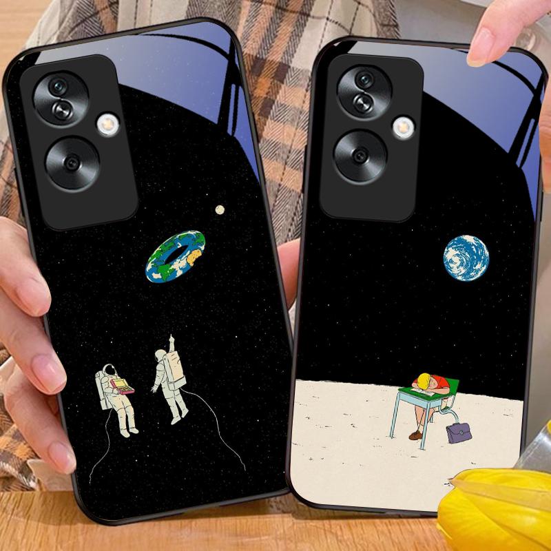 Space Astronaut For Oppo A79 5G 58 78 74 60 4G Reno 11F Realme GT 6 11 Note 50 10 C55 X2 Tempered Glass Black Phone Case
