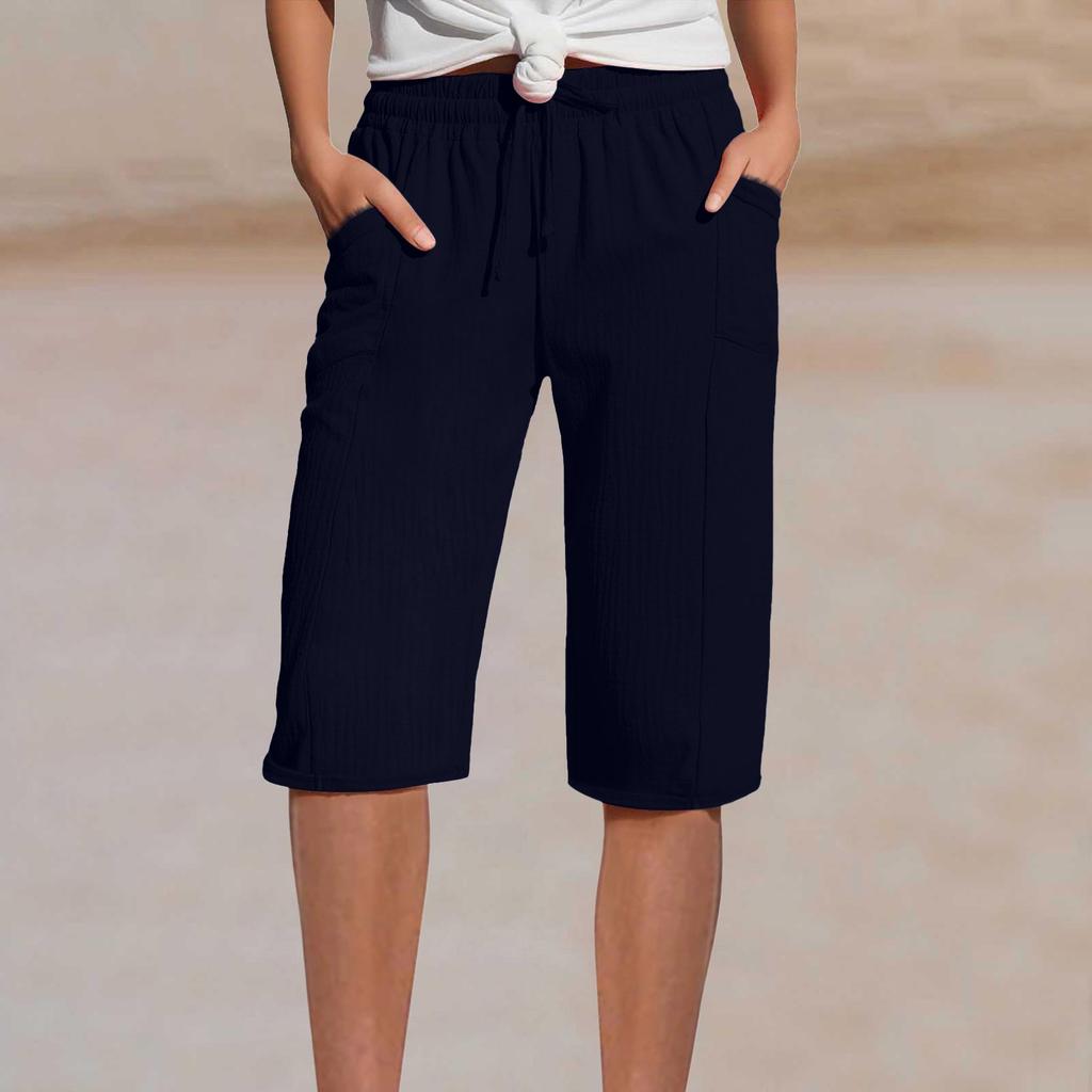 Women's Summer Linen Shorts - Elastic Waist Pleated Pocket Casual Capris