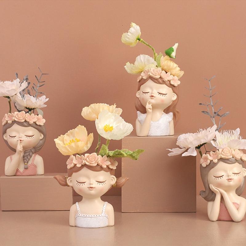 Cute Plants Flower Pot Resin Succulent Planter Flower Vases Little Girl Garden Decoration for Home Office Plant Pot