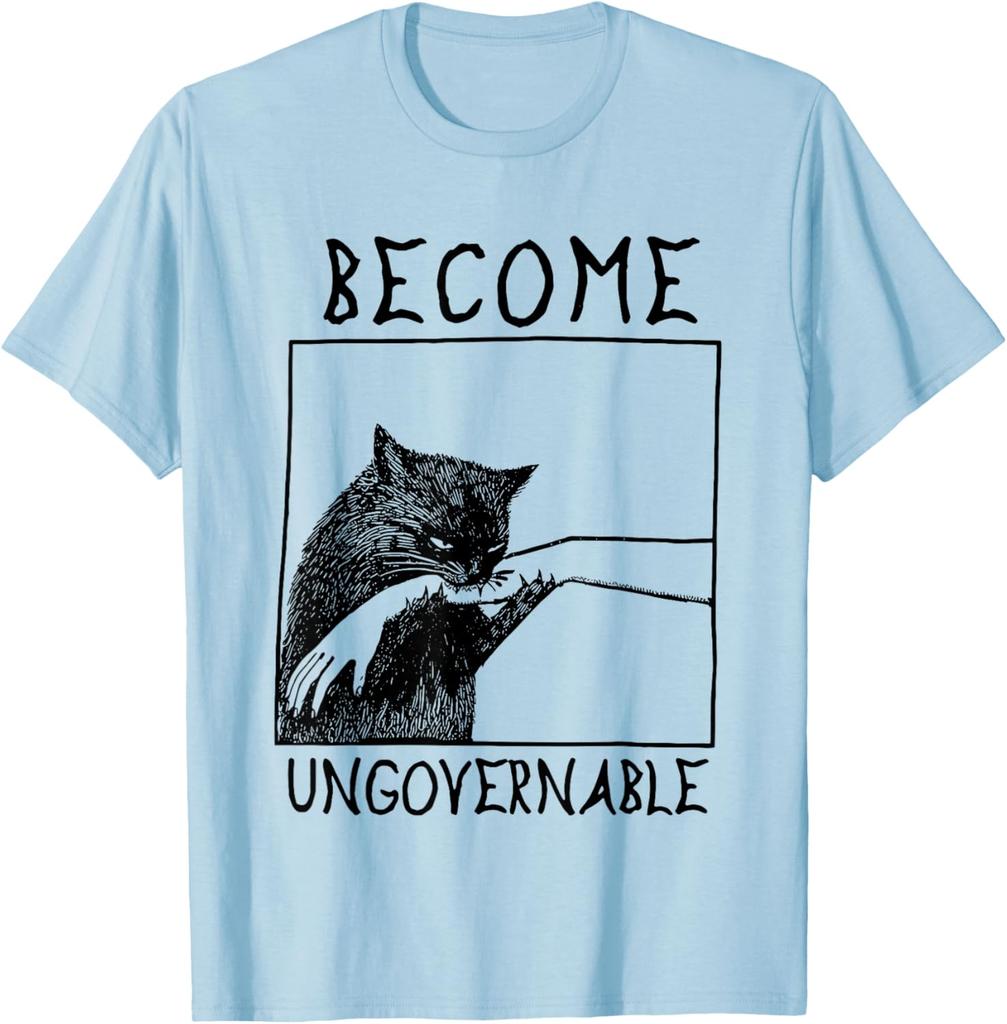 Become Ungovernable Biting Cat Meme Graphic Tee Cotton Casual Crewneck T-Shirt for Daily Wear