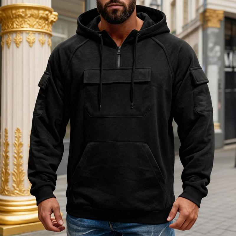 Men Half Zip Hooded Multi Pocket Cargo Sweatshirt S чёрный